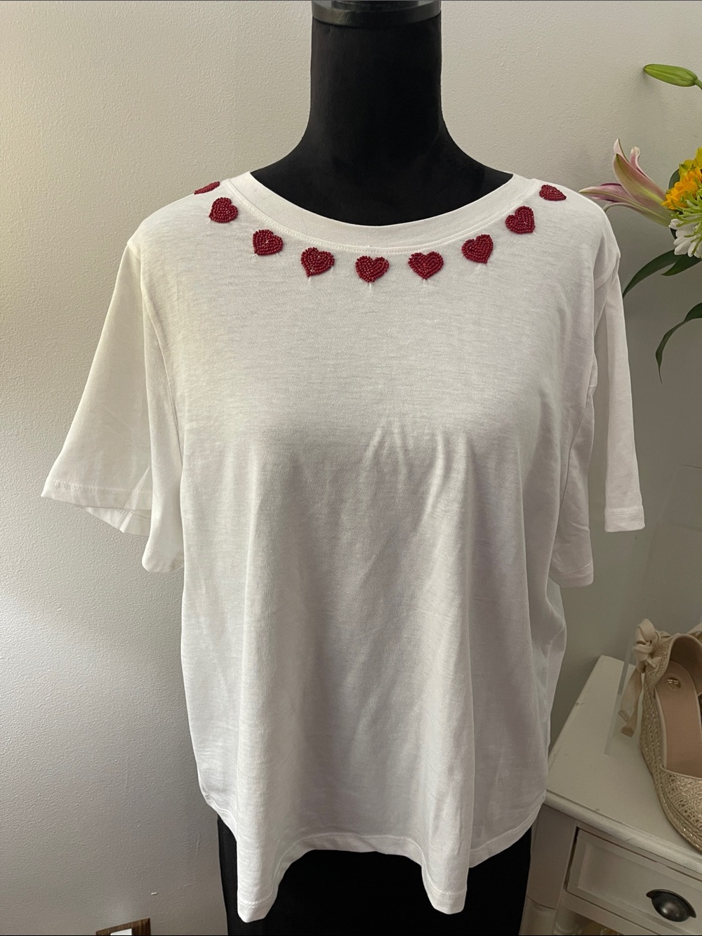 Red Beaded Heart White Tee